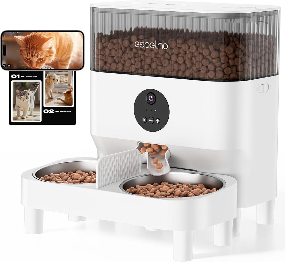 Automatic Cat Feeder for 2 Cats with Camera: Automatic Food Dispenser with Elevated- 2.4G WiFi HD Video and Night Vision| Dual Auto Feeder with 2-Way Audio| Timed Pet Feeders for Multi Cats (White-5L)
