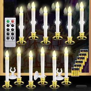 12 Set Halloween Christmas Window Candles Lights with Timer Battery Operated Electric LED Taper Candles Flameless for Windows, Gold Candle Holders, Suction Cups & 24 PCS Battery Included (12 Set)