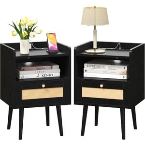 MECHYIN Night Stand Set 2, Nightstands Set of 2 with Charging Station, Rattan Side Tables with Solid Wood Legs, Boho Bedside End Table for Apartment Bedroom Dorm Small Space (11.8"d X 15.9"w X 23.4"h, Black)