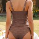ZAFUL Womens Tankini Swimsuits Two Piece Tummy Control Bathing Suits Textured Tankini Swim Top with High Waisted Bottom (Brown, S)