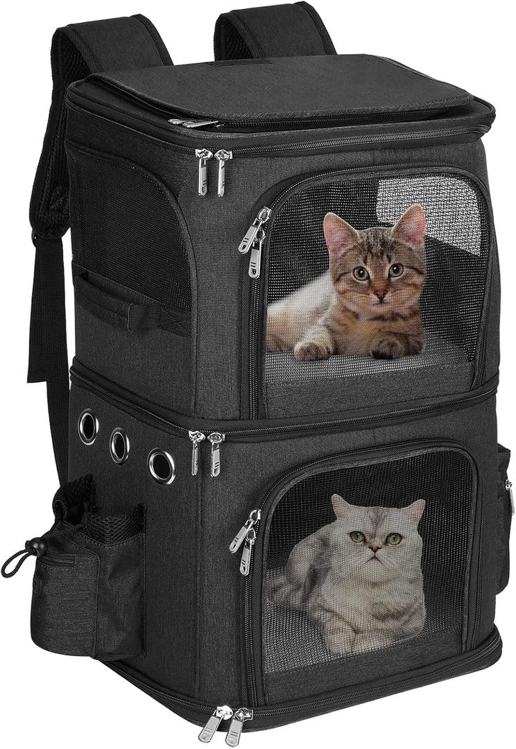 HOVONO Double-Compartment Pet Carrier Backpack for 2 Cats or Small Dogs, Dual Travel Dog Cat Carrier wih Breathable Mesh Windows, Fits Pets up to 20 lbs, Perfect for Traveling/Hiking/Camping, Black