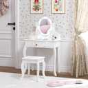 Spirich Kids Vanity, Girls Vanity Set with Mirror and Stool and Lights, Kids Vanity Table and Chair Set,Wooden Princess Makeup Desk Dressing Table, Round Shape With Led Blubs