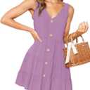 MITILLY Women's Casual T-Shirt Dresses Sleeveless V Neck Button Down A Line Loose Swing Short Dress with Pockets (Purple, L)