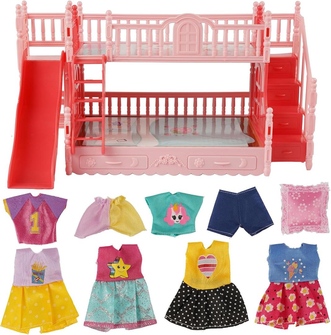 BABESIDE 13 Pcs Baby Doll Crib Set with Baby Doll Clothes for 4-6 Inch Dolls, Babydoll Bunk Bed Furniture with Toy Slide and 6 Sets of Doll Clothes Accessories for Mini Baby Dolls