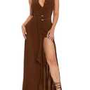 Split Maxi Dress for Women Sleeveless Button Down Collar V Neck Party Cocktail Bodycon Long Dress with Belted Brown Medium