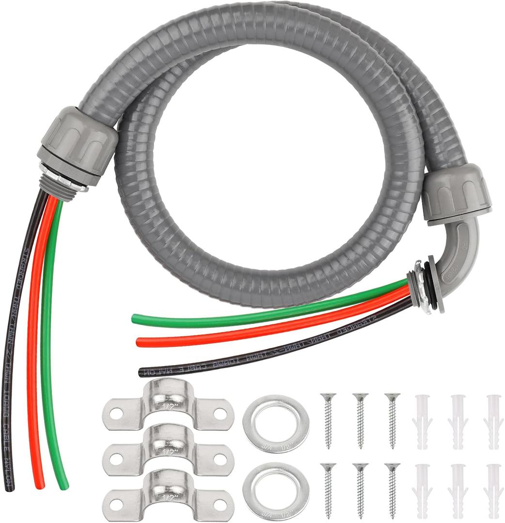 4FT Liquid-Tight Conduit Kit, 1/2" Pre-Wired Electrical Whip with 310AWG THHN Copper Wires, Bare Wire Ends, 90 & Straight Connectors, Outdoor HVAC A/C Wiring