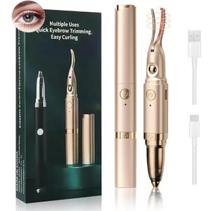 Heated Eyelash Curlers - 2 in 1 Electric Eyelash Curler & Eyebrow Trimmer for Women Best for Women's Makeup Tool Type C Rechargeable Natural Curling Easy for Beginners to Use (Gold-001)