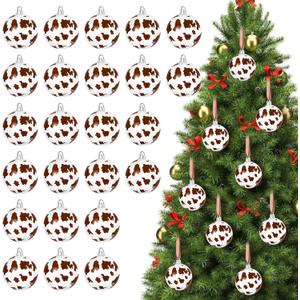 24 Pcs Christmas Cow Print Ball Ornaments 2.4 Inch Plastic Western Cow Ornaments Country Western Party Decorations Rustic Holiday Xmas Baubles for Home Xmas Tree Party Hanging Decoration