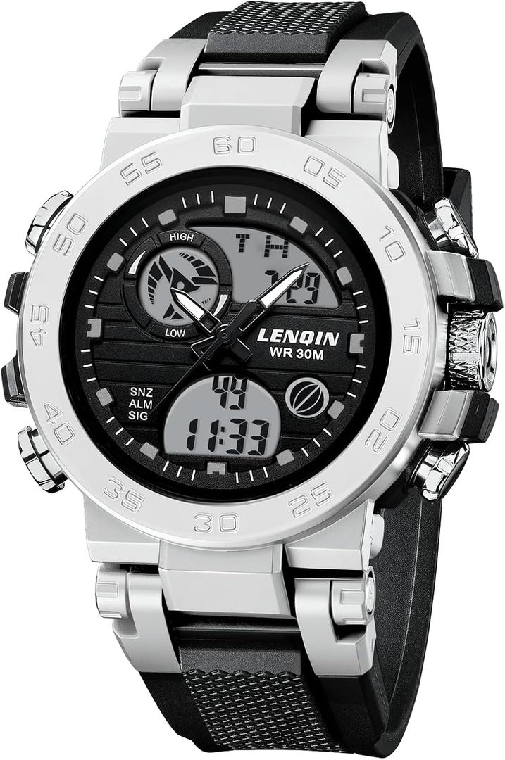 LN LENQIN Mens Watches Digital Military Watch for Men Stopwatch Army Survival Tactical Sports Outdoor Big Face Waterproof Men's Wrist Watches with LED Backlight/Timer/Alarm/Date (Black Gray Silver)