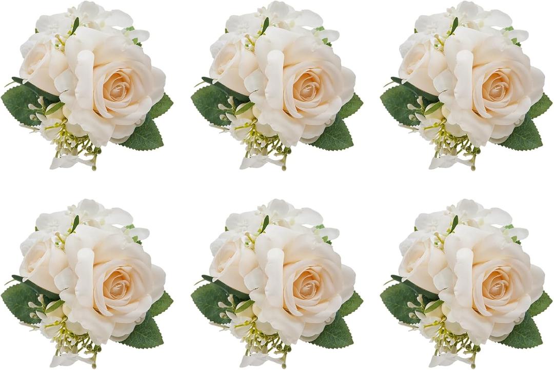 Champagne Pocket Boutonniere for Men Wedding,Set of 6,Groom Groomsman Boutonnieres Artificial Rose Hydrangea Berry Corsage for Prom Ceremony Party Homecoming
