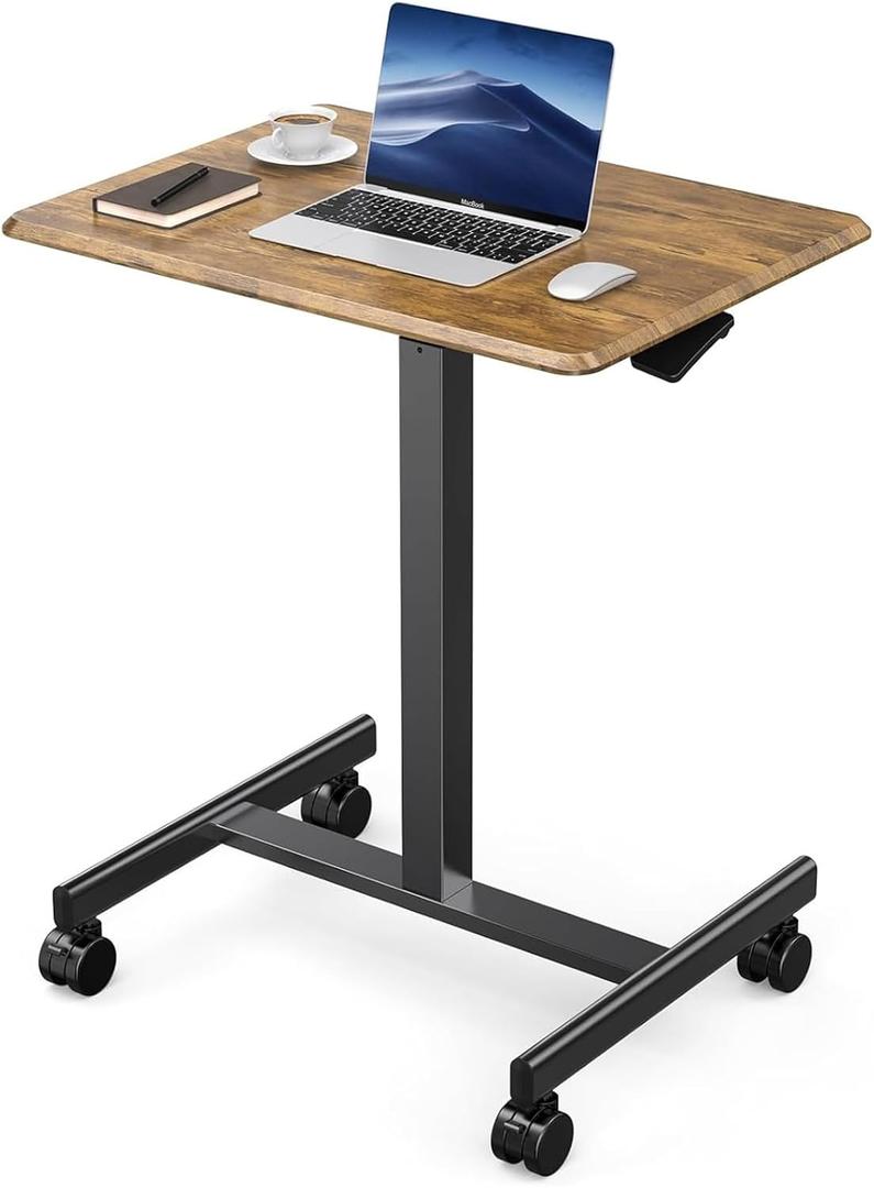 DUMOS Small Standing Desk Mobile Portable Rolling Laptop PC Table on Wheels Adjustable Height Computer Workstation for Home Office, 19 Inch, Brown