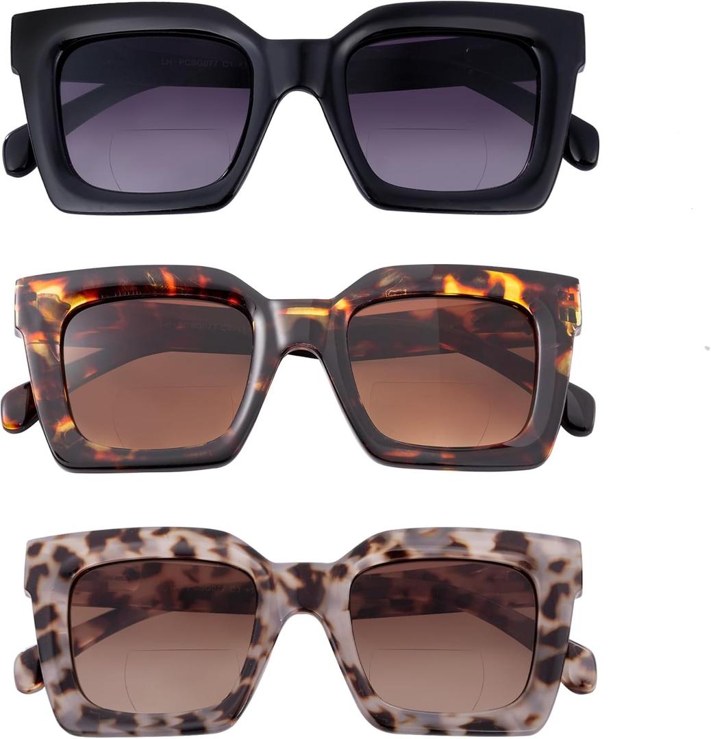 3 Pack Bifocal Reading Sunglasses for Women Fashion Sun Readers Glasses Spring Hinge Outdoor Reading Glasses UV400 Protection, +2.5 (Black/Tea Tortoise/Muddy Water Tortoise)