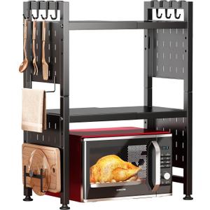 17.4"- 27.4" Expandable Microwave Stand, 3-Tier Heavy Duty Adjustable Height Microwave Oven Rack with 9 Hooks and Cutting Board Holder, Countertop Kitchen Shelf Organizer, Holds up to 180 lbs, Black