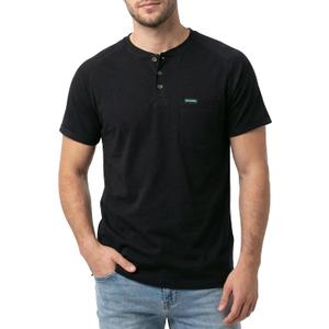 BOCOMAL Non FR - Men's Henley Work Shirts, Stretch-Cotton Relaxed Fit | 5.5oz Lightweight, EX-Soft, Breathable, Chest Pocket, Versatile Workwear - Ideal for Jobsite & Casual (Black, L)