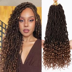 Leeven 18 Inch New Faux Locs Crochet Hair With Curly Ends 84 Strands Ombre Brown Bohemian Goddess Locs Crochet Hair With Curls 7 Packs Synthetic Wavy Soft Locs Crochet Hair for women T30#