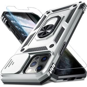 Janmitta Case for iPhone 16 Phone Cover Built in Slide Camera Lens Cover+Screen Protector, Heavy Duty Shockproof Full Body Phone Case with Finger Ring Holder Kickstand, Silver