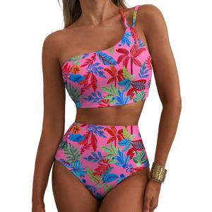 Herseas Women's High Waisted Bikini Sets One Shoulder Floral Print Swimsuits 2 piece Tummy Control Bathing Suits (Pink, L)
