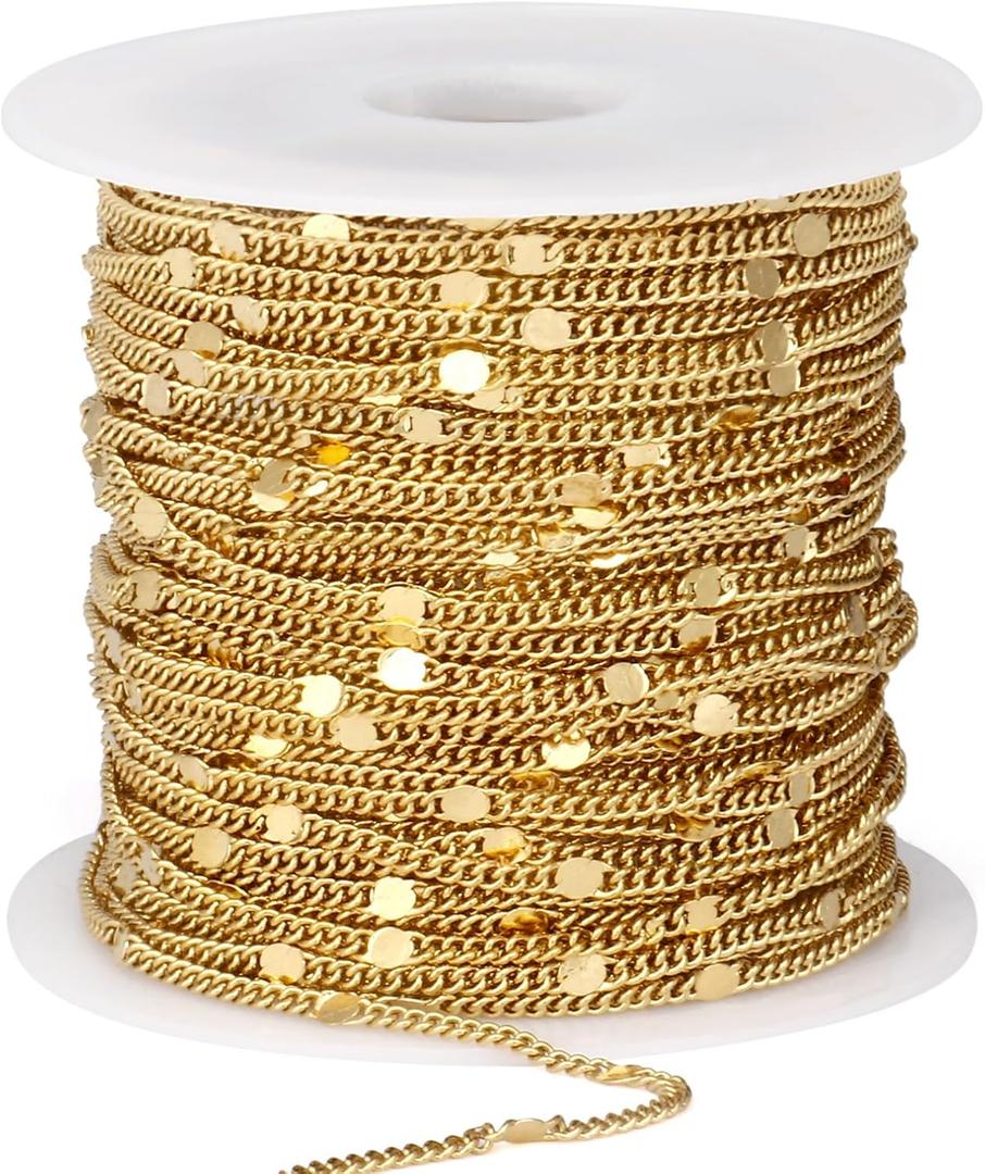 33FT 18K Gold Plated Curb Chains Bulk, 2mm Stainless Steel Flat Satellite Curb Link Chains Roll for Jewelry Making (Gold short embossed)