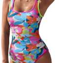 SUUKSESS Women Sexy One Piece Tummy Control Swimsuit Shell Stitched Bathing Suit (Medium, Neon Floral)