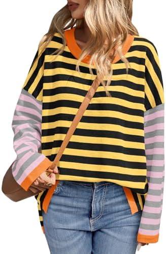 Saodimallsu Womens Striped Oversized Sweaters Color Block Crew Neck Long Sleeve Loose Knit Pullover Sweater, S