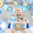 1/2 Birthday Boy Half Birthday Decorations 4PCS Blue 6 Month Party Set with 1/2 Way to One Banner, Halfway High Chair Banner, Cake Topper and Hat for 6 Month Baby Boy Photo Shoot Decor