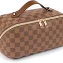 Leather Travel Makeup Bag, Large Capacity Cosmetic Bag for Women, Waterproof Portable Pouch with Divider, Toiletry Organizer with Handle, 10.5x5x5 Inches, Deep Brown