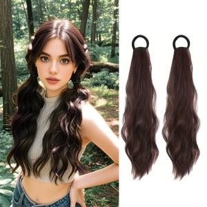 2PCS Curly Ponytail Extension with Hair Tie Hair Natural Wig Elastic Band Wave Fake Ponytail Wigs Accessories for Women Daily 17 Inch (brown)