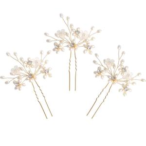Elegant Pearl Wedding Hair Pins, Bendable Floral Crystal Hair Accessories for Bridal Women, Pack of 3 (Gold)