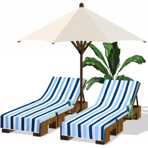 Fumete 2 Pack Lounge Chair Covers 30 x 85 Inch Pool Chaise Lounge Towels Microfiber Beach Chair Towel Portable Striped Outdoor Patio Furniture Cover for Sunbathing Picnic Spa(Blue and Dark Blue)