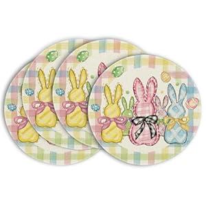 Artoid Mode Colorful Buffalo Plaid Bunny Rabbits Happy Easter Placemats Set of 4, 12x18 Inch Seasonal Spring Holiday Table Mats for Party Kitchen Dining Decoration (Yellow)