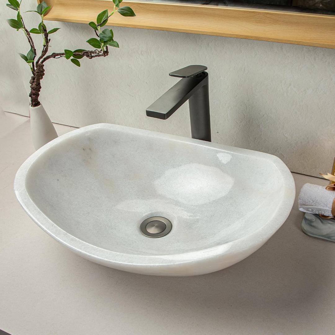 Natural white marble boat-shaped sink with irregular natural brown/black veining, 100% handcrafted. Bathroom vanity sinkelegant and refined, suitable for bathroom vanities or countertops., 19.7" x 14.2" x 5.9"