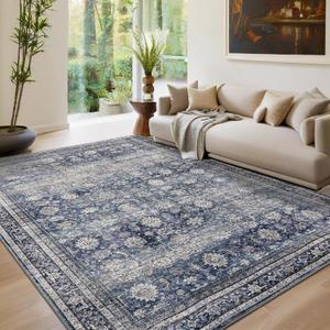 GarveeHome Area Rugs 8x10 Large Vintage Printed Accent with Non-Slip Backing, Stain-Resistant Oriental Living Room Washable Farmhouse Low Pile Rugs for Bedroom, Office, Blue (Denim / Multi)