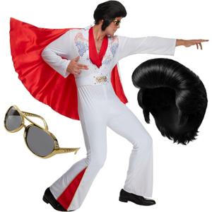 Morph Vegas Rockstar Costume With Wig + Glasses, Adult Men Disco Costume Mens 50s Jumpsuit Halloween Costumes For Men (X-Large)