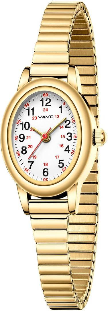 Gold Watch Waterproof Nurse Watch for Medical Professionals, Students, Women-Military Time Easy Read Dial,24 Hour with Second Hand, Stainless Steel Expansion Band