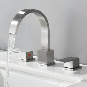 Widespread 8 Inch Brushed Nickel Bathroom Sink Faucet, Waterfall Nickel Stainless Steel Bathroom Faucet for Sink 3 Hole, Vanity Lavatory Sink Faucets with Drain & Water Hoses