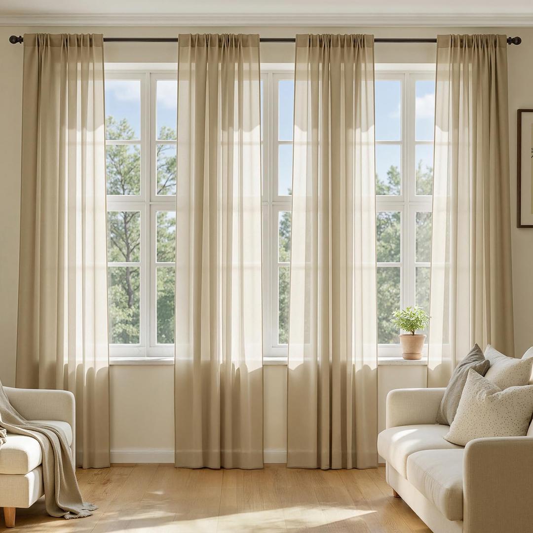 MIULEE Beige Sheer Curtains 72 Inches Long, 4 Panels Set, Rod Pocket Voile Drapes Light Filtering and Semi Transparent, Elegant Window Treatments for Bedroom Living Room,42 x 72 Inches