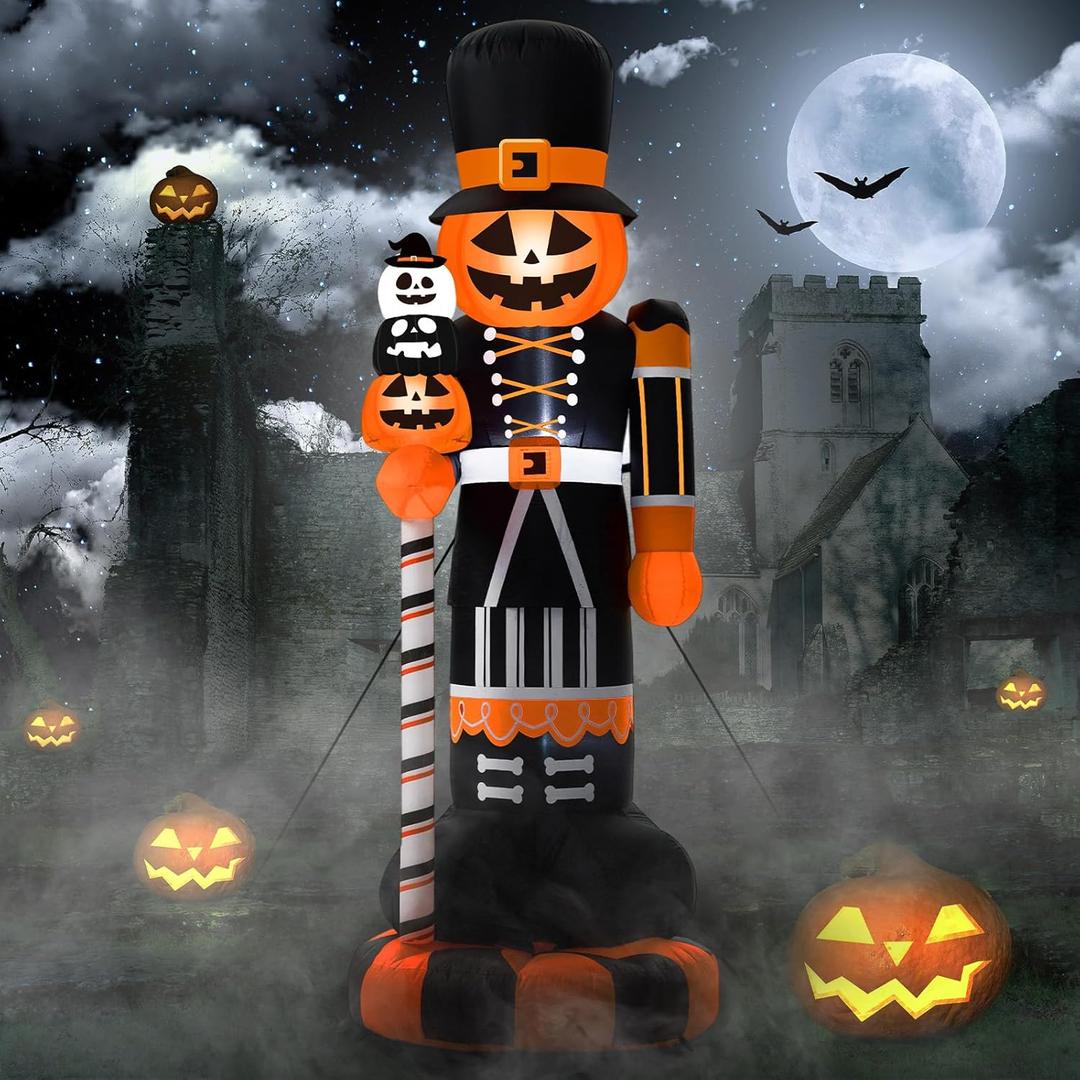 Civaner 7 FT Inflatable Halloween Pumpkin Nutcracker Outdoor Decoration, Giant Blow up Pumpkin Soldier with Built-in LEDs, Large Halloween Inflatable Skull Decor for Yard Lawn Garden Holiday Party