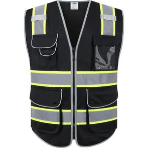 JKSafety 9 Pockets Hi-Vis Black Color Zipper Front Safety Vest Fluorescent Yellow Strips outlining the Reflective Tapes ANSI/ISEA Class 1 (901-Black, Medium)