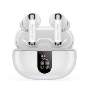 Monster N-Lite 211 Wireless Earbuds, Bluetooth 6.0 Stereo Headphones with Noise-Cancelling Mic and LED Display, Built-in Mic for Clear Calls, Waterproof Design for Sports, White