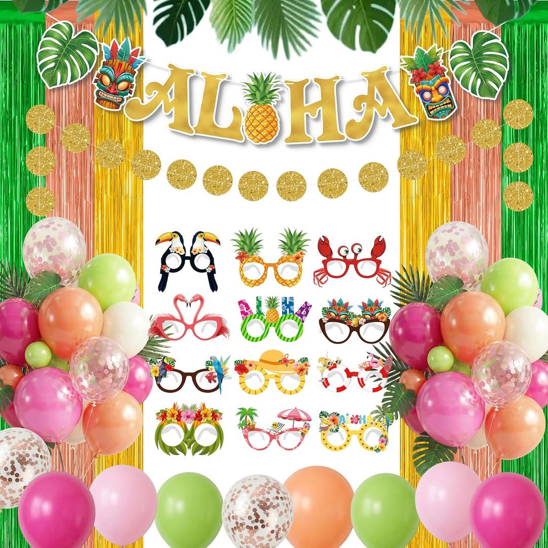 Hawaiian Luau Party Decorations Aloha Birthday Supplies Tropical Theme Decor with Foil Fringe Curtains Fun Paper Glasses Latex Balloon Garland Kit Summer Beach Photo Booth Props