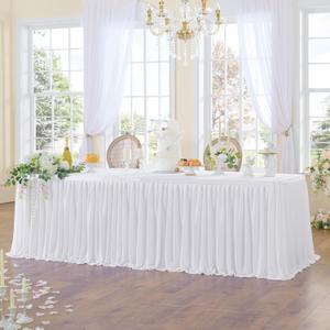 96inch White Polyester Table Skirts for Rectangle Tables 8ft(Cover Front), Wrinkle Free Pleats Ruffle Cloth Table Skirt 8ft for Banquet Wedding Party Cake Dessert Craft Gift Tables Decorations