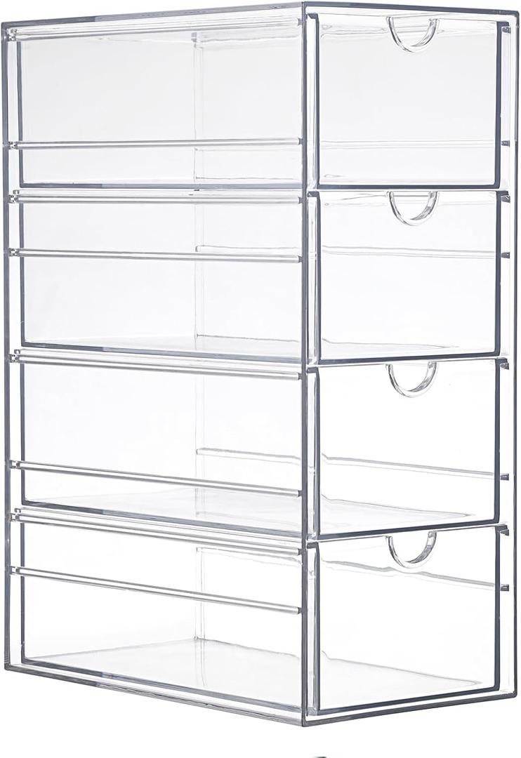Clear Desk Organizer Box with 4 Drawers, Plastic Stackable Desktop Storage Bins for Organization, Hair Accessory Container for Bathroom, Closet, Desk, Office, 25 * 17.5 * 10.5cm