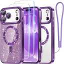 Meifigno Designed for iPhone 17 Pro Max Case 6.9", [Glitter Card & Wrist Strap] [Compatible with MagSafe] [2X HD Screen Protectors] Surround Raised Lens Protection for 17 ProMax Case, Deep Purple
