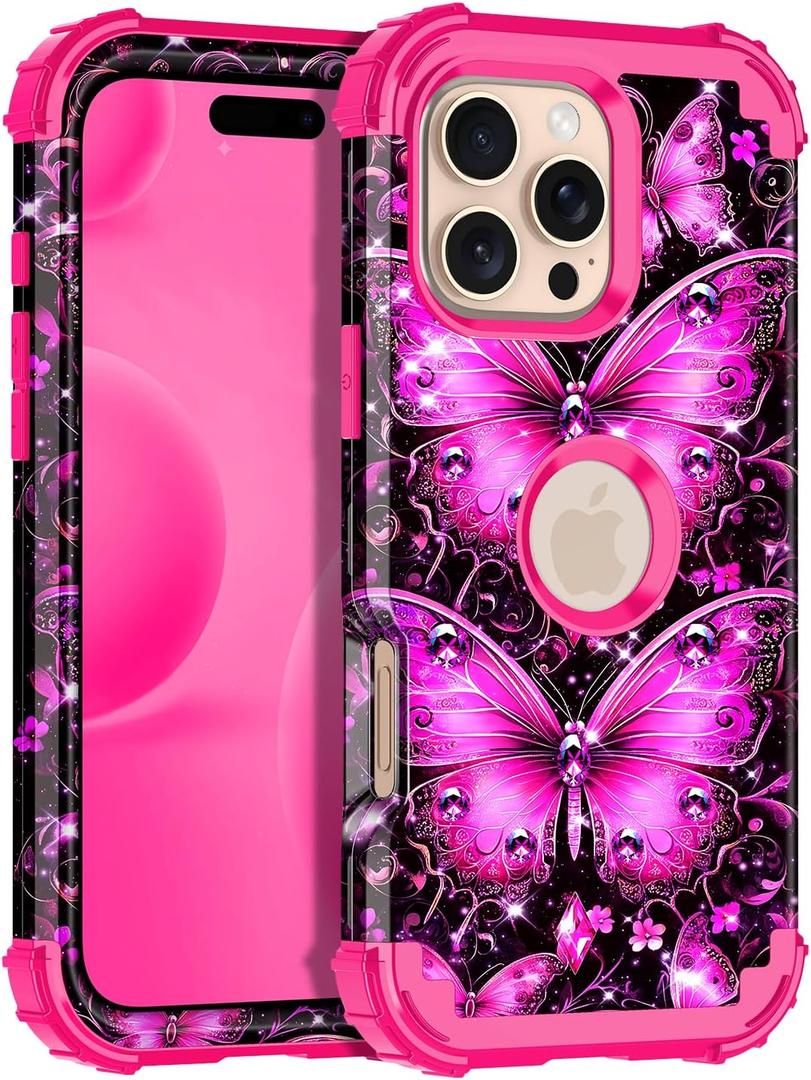 Hekodonk for iPhone 16 Pro Max Case,Glow in The Dark Three Layer Heavy Duty Shockproof Protection Hard Plastic+Soft Silicone Full Body Drop Protective Case for Apple iPhone 16 Pro Max,Golden Pink