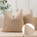 YCOLL Tan Pillow Covers 24x24 Set of 2 Velvet Striped Pattern - Soft Throw Pillows for Home Decor, Luxury Decorative Pillow Covers for Couch, Bed,Living Room
