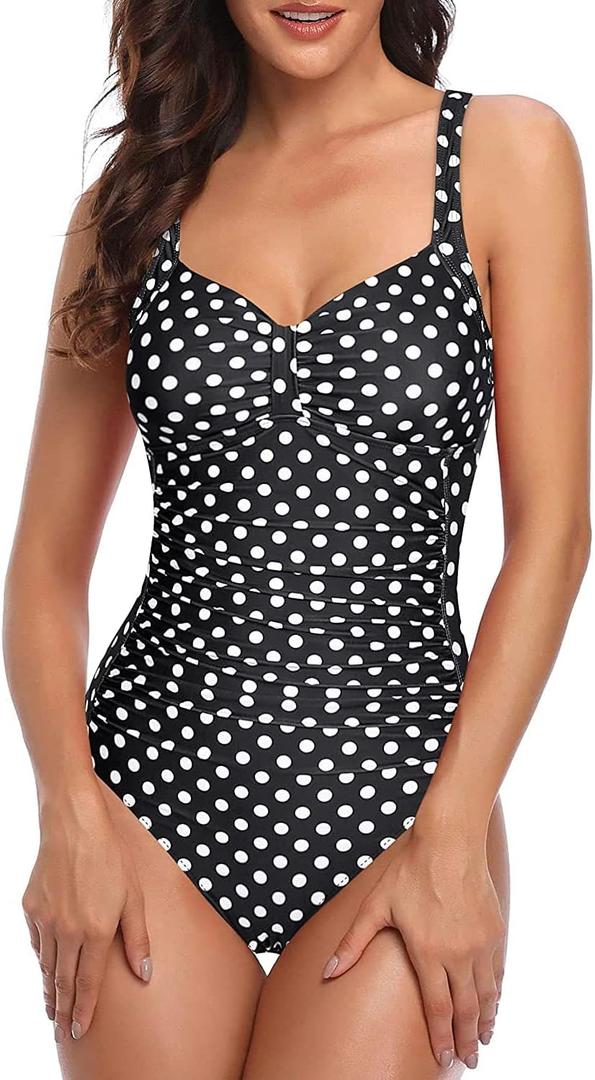 Tempt Me Women Ruched Slimming One Piece Swimsuits Tummy Control Vintage Bathing Suits (XX-Large, Black White Dot)