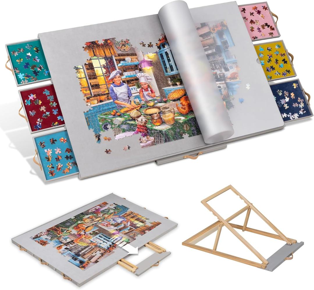 Tektalk Flannelette Covered Jigsaw Puzzle Table with Integrated Adjustable Stand & Cover, 3-Tilting-Angle Wooden Plateau Portable Puzzle Board with 6 Sorting Drawers, for Up to 1500 Pieces - Gray