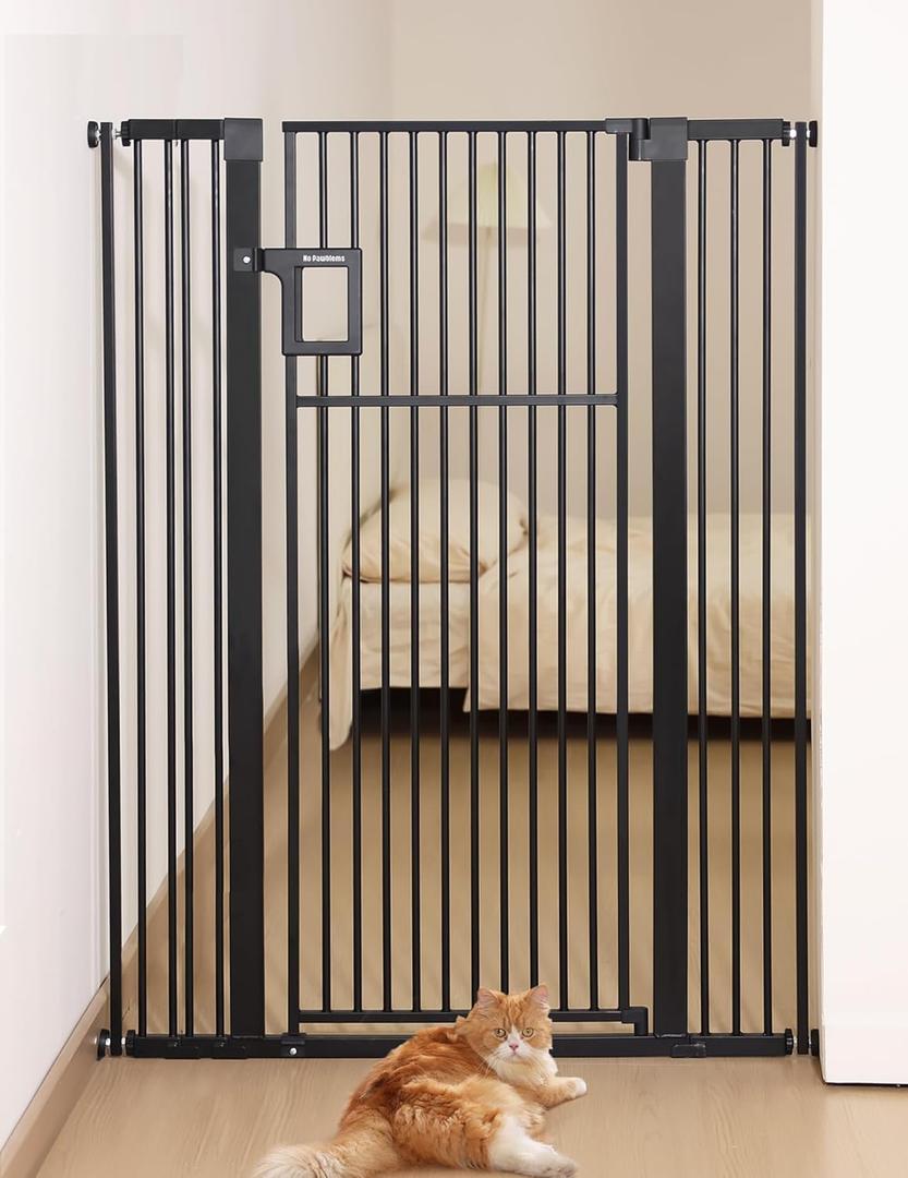 No Pawblems 55" Extra Tall Pet Gate for Cat, 29-43" Auto Close Cat Gate for Doorways/Stairs/Hallways, NO Drilling Pressure Mounted Tall Dog Gate Indoor, 1.37" Pet-Safe Gap, Black