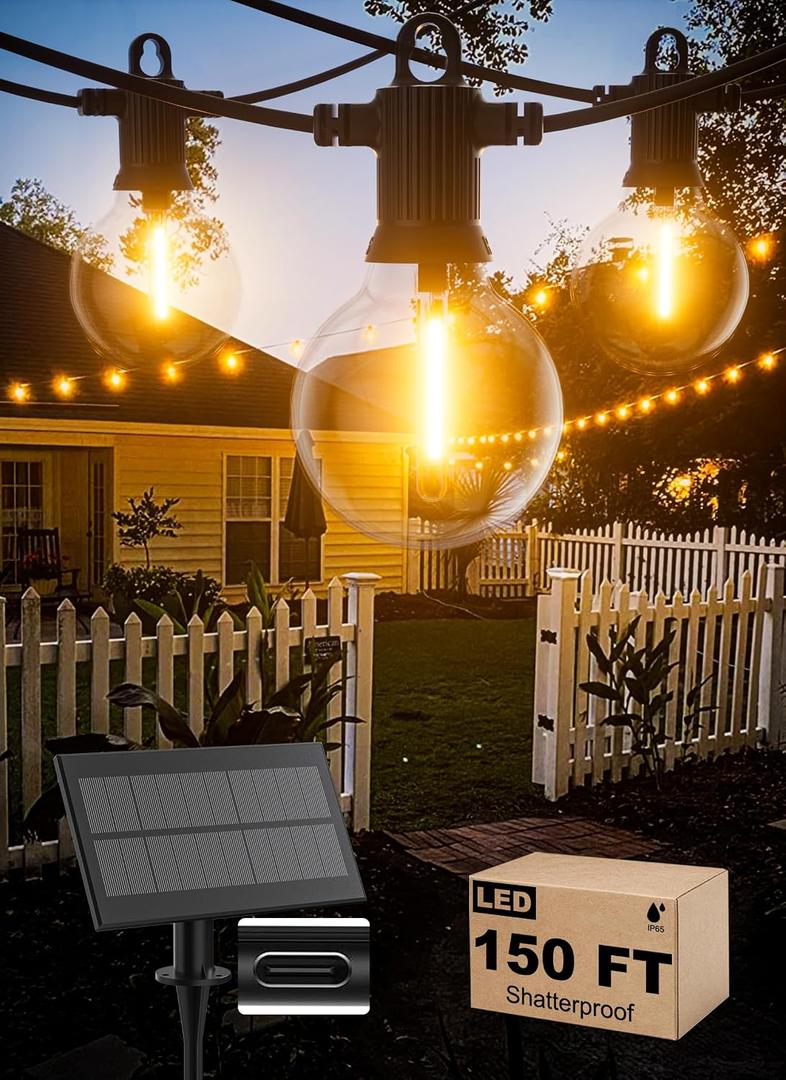 Zuske Solar String Lights Outdoor Waterproof 150FT with USB Port and 73 Shatterproof G40 Bulbs(3 Spare), LED Solar Powered Patio Lights for Outside, Porch, Backyard, Gazebo, Garden(Warm White)