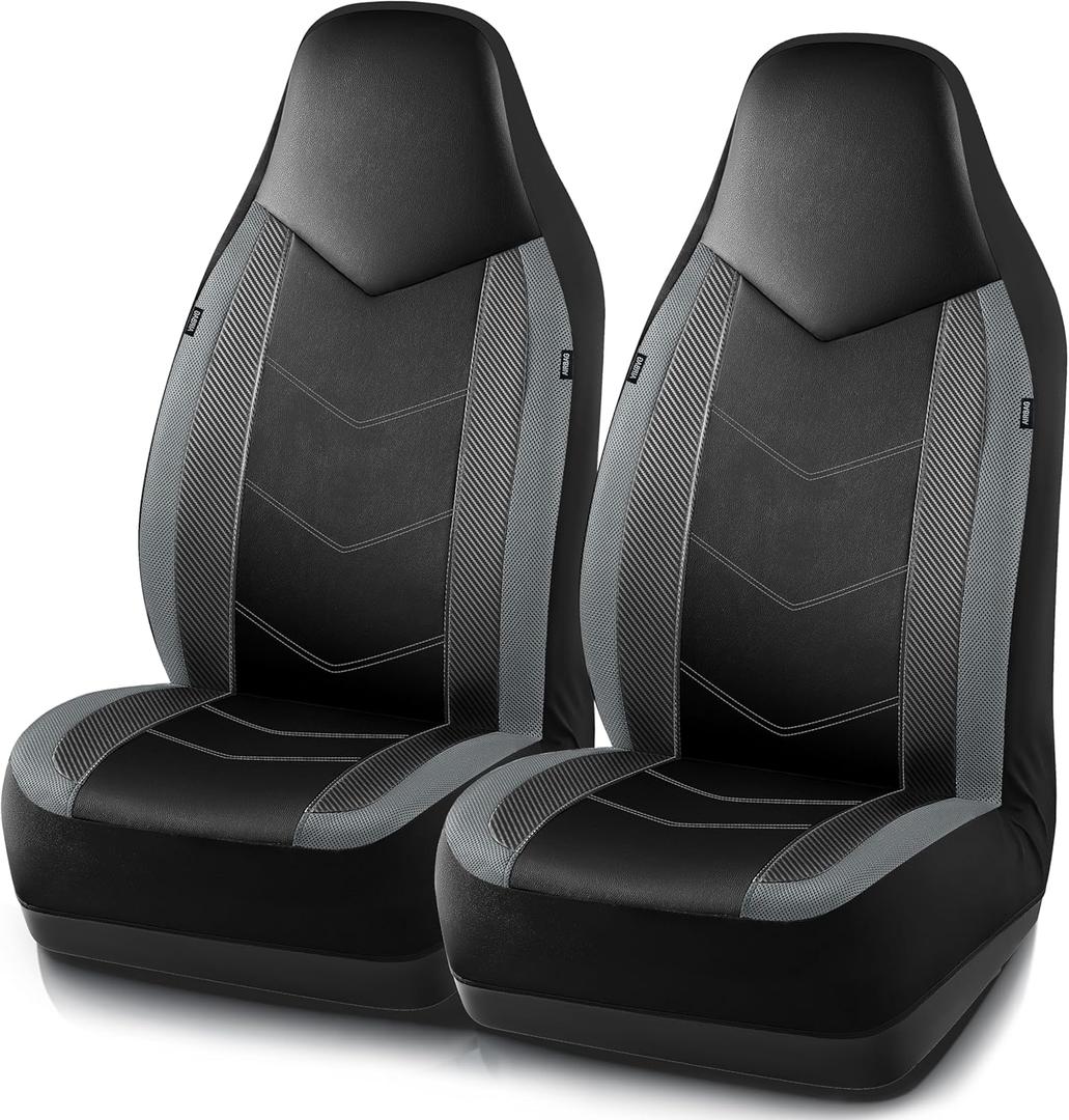 PIC AUTO Leather Car Seat Covers, Sports Carbon Fiber & Mesh Design, High-Back Two Front Set, Waterproof Automotive Seat Covers, Airbag Compatible, Universal Fit for Most Cars (Black & Gray)